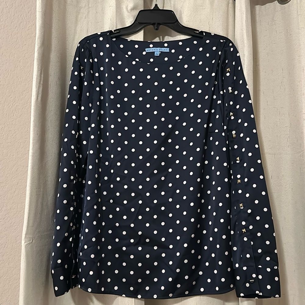 Antonio Melani Satin Long Sleeve Studded Polka Dot Blouse - Size L